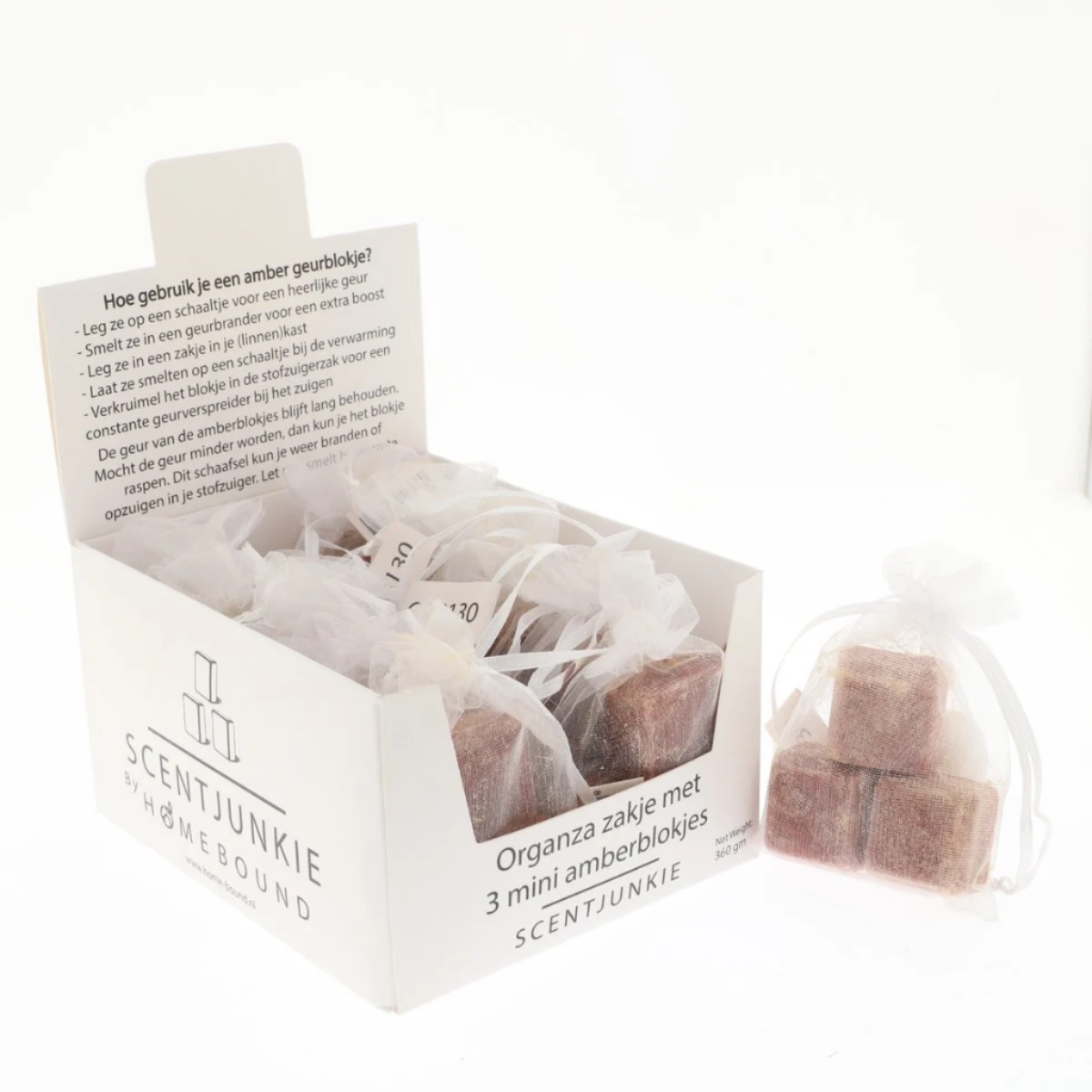 Organza zakje met 3x mini amberblokje original amber